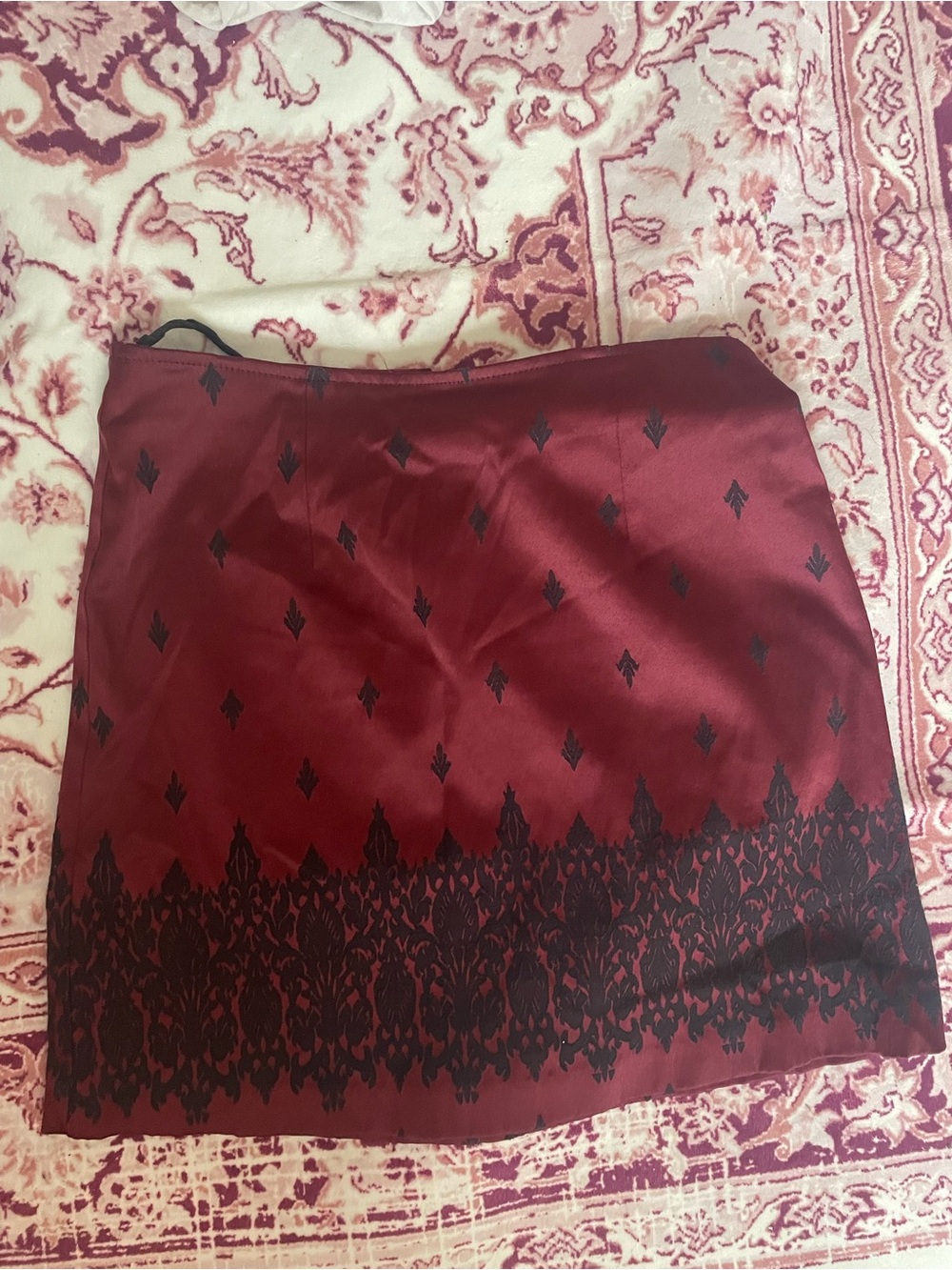 Wrapper Burgundy Mini Skirt with Black Damask Trim